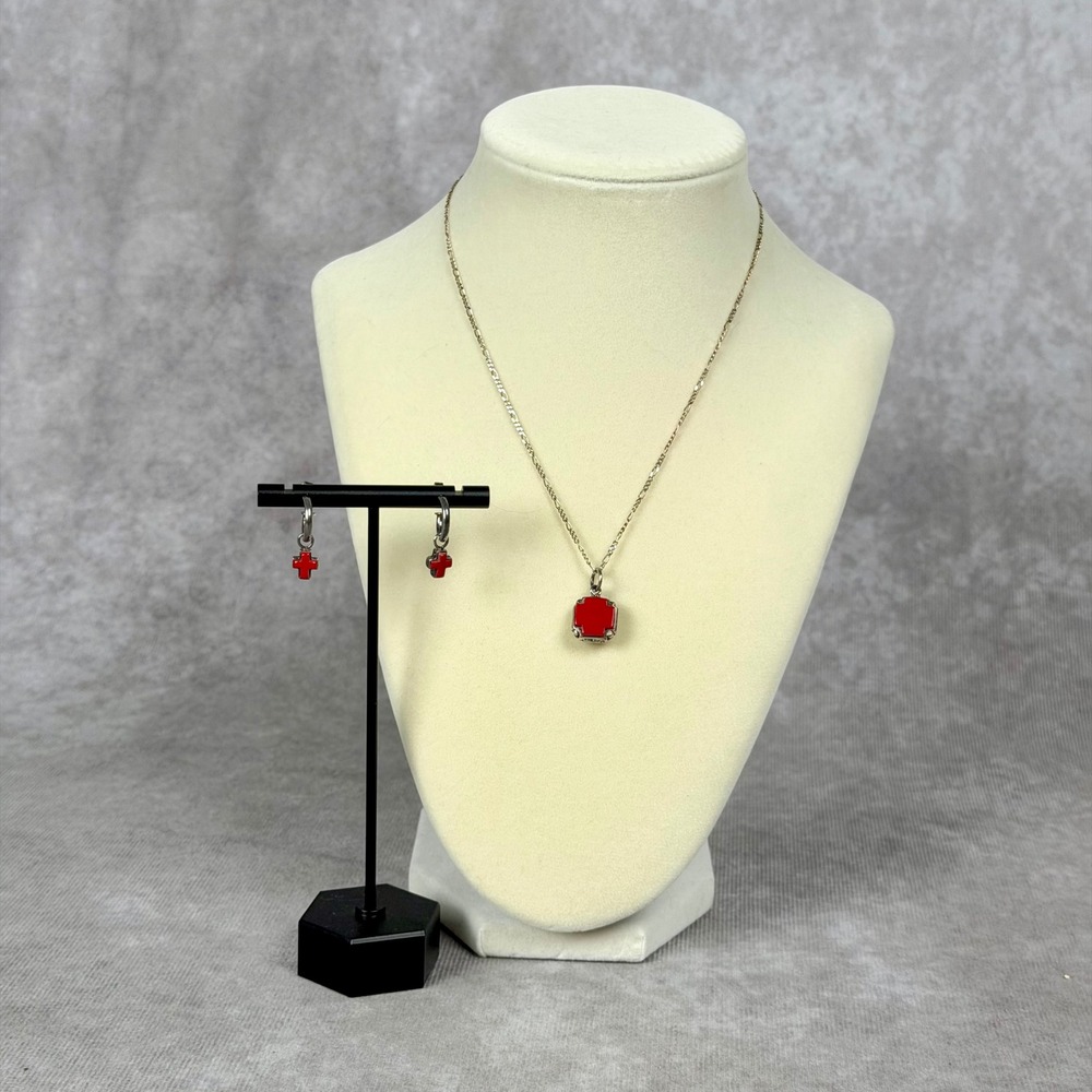 Vintage Sterling Red Stone Cross Necklace and Hoop Earring Set Filigree Heart